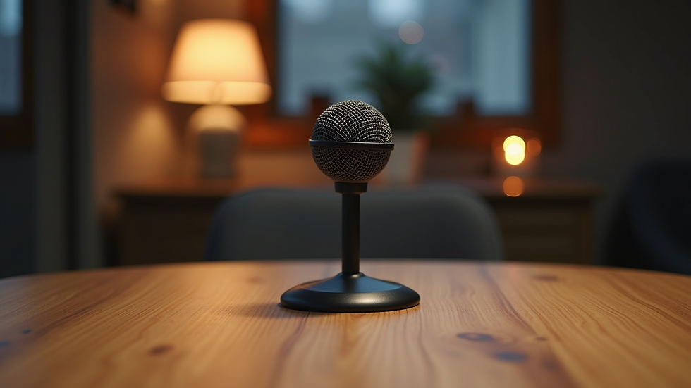 Eye-level view of a microphone on a wooden table