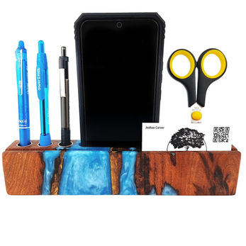 A collection of epoxy and salvaged wood desk organizers.