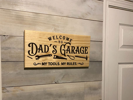 Handcrafted wooden Dad's Garage sign made by MTI Creations