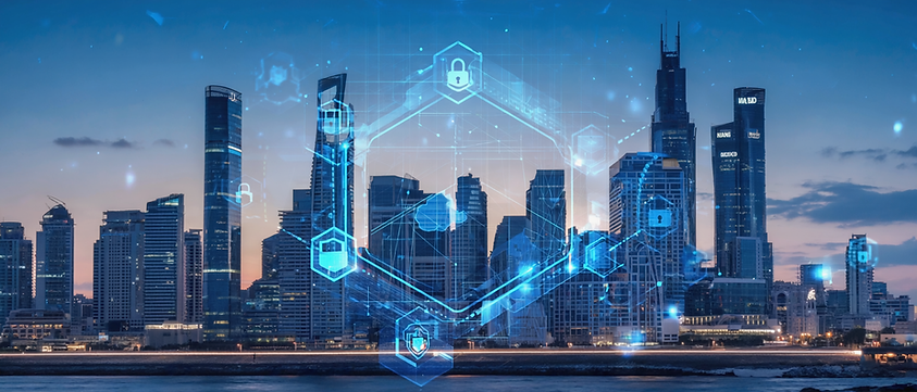 Professional website background for De4Sec Technologies. Panoramic view of Nairobi skyline