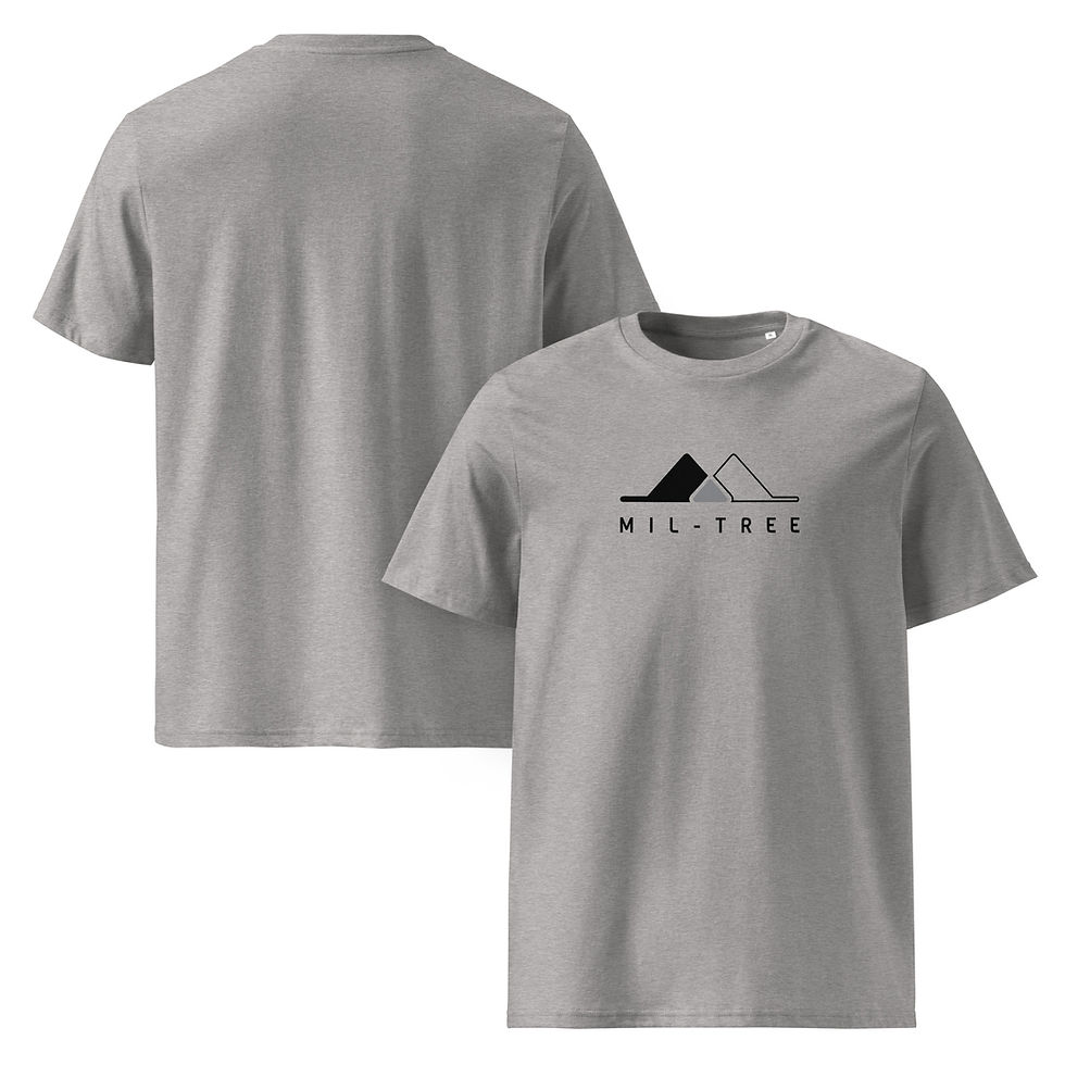 Thumbnail: Front and back views of a light grey T-shirt with ‘Mil-Tree’ graphic.
