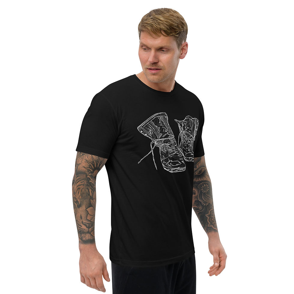 Thumbnail: Black t-shirt with custom print that looks like a line drawing of boots, front view