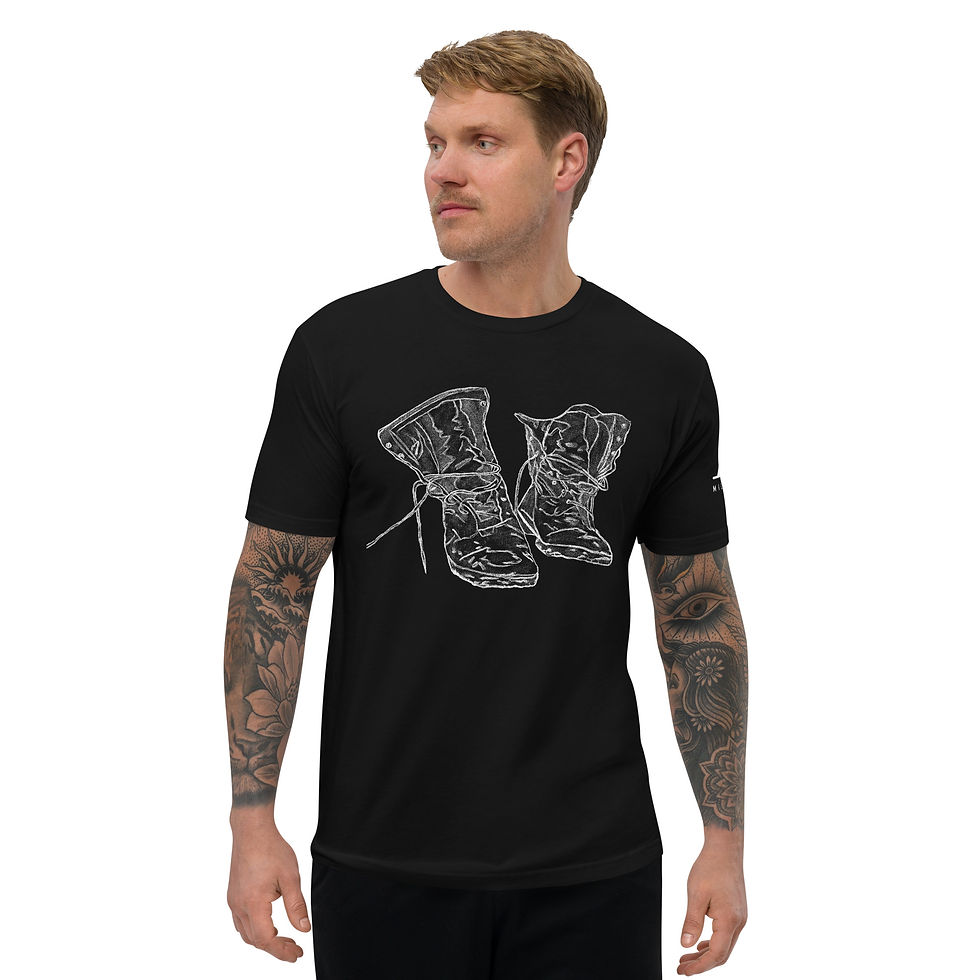 Thumbnail: Black t-shirt with custom print that looks like a line drawing of boots, front view