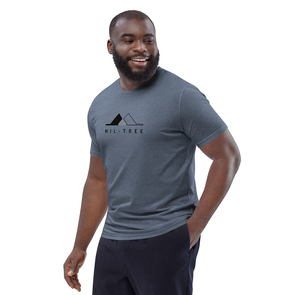 Thumbnail: Front view of man wearing a dark grey T-shirt with ‘Mil-Tree’ graphic.