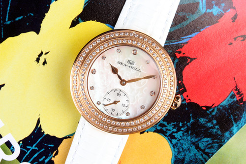 Seagull Rhinestones Bezel Gold Pearl Watch 719.751L