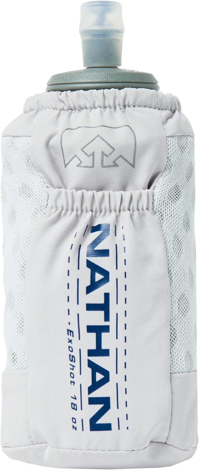 Nathan ExoDraw & ExoShot 2.0 Flask, Handheld Water Bottle – Designed for simple hydration, this handheld water bottle features an integrated hand strap and rigid ExoSpine for superior comfort and efficiency on the tread, track, or trail. The easy-to-use race cap allows for quick access to cool fluid, while the ergonomically-designed hand strap offers grip-free comfort with breathable wicking mesh for added support. This multipurpose essential includes a removable soft flask that can be used in Nathan hydration vest pockets. Convenient features include a push/pull race cap and a small stash pocket for keeping essentials secure. Nathan's collection of running essentials is built on intuitive design, comfort, and smart storage, helping runners enhance their performance mile after mile.