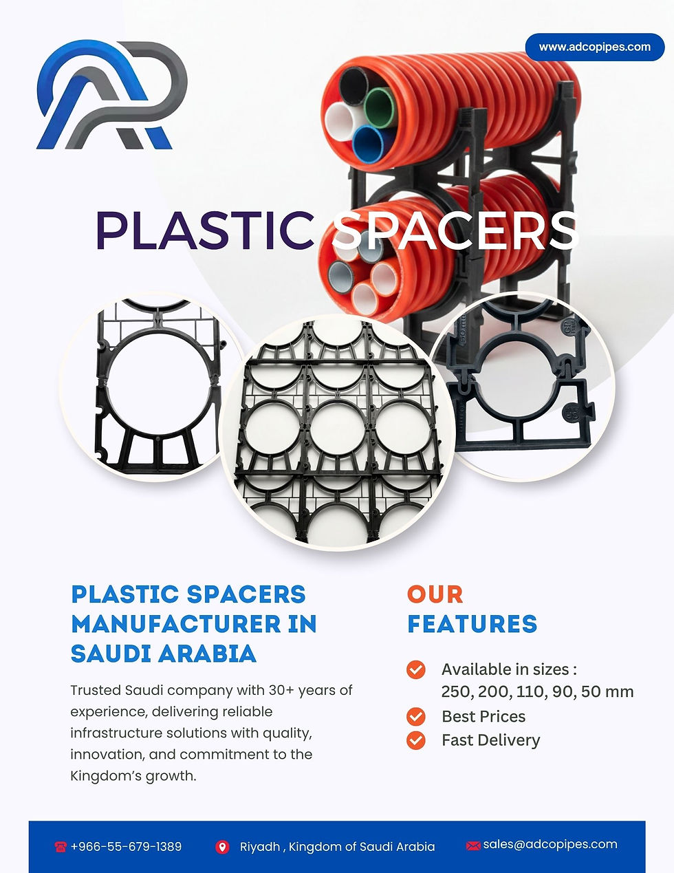 Buy high-quality plastic spacers for COD pipes, HDPE pipes, and PVC pipes manufactured in Saudi Arabia. Durable, reliable, and available in various sizes for industrial and utility projects.