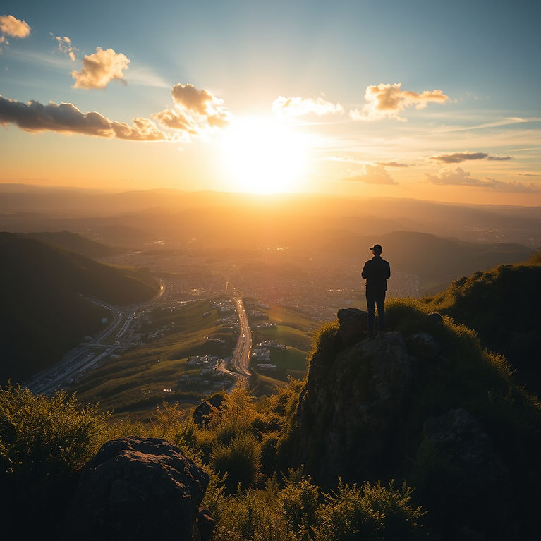 Man on mountain overlooking city traffic