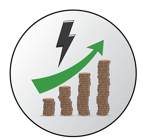 Icon with stack of coins rising to show increase costs