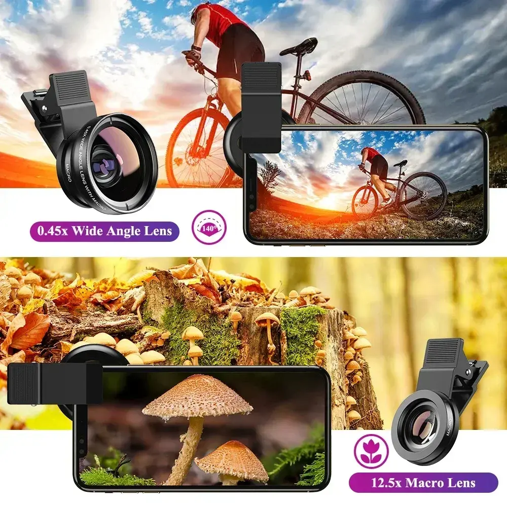 2-in-1 clip-on phone camera lens kit for macro and wide-angle photography