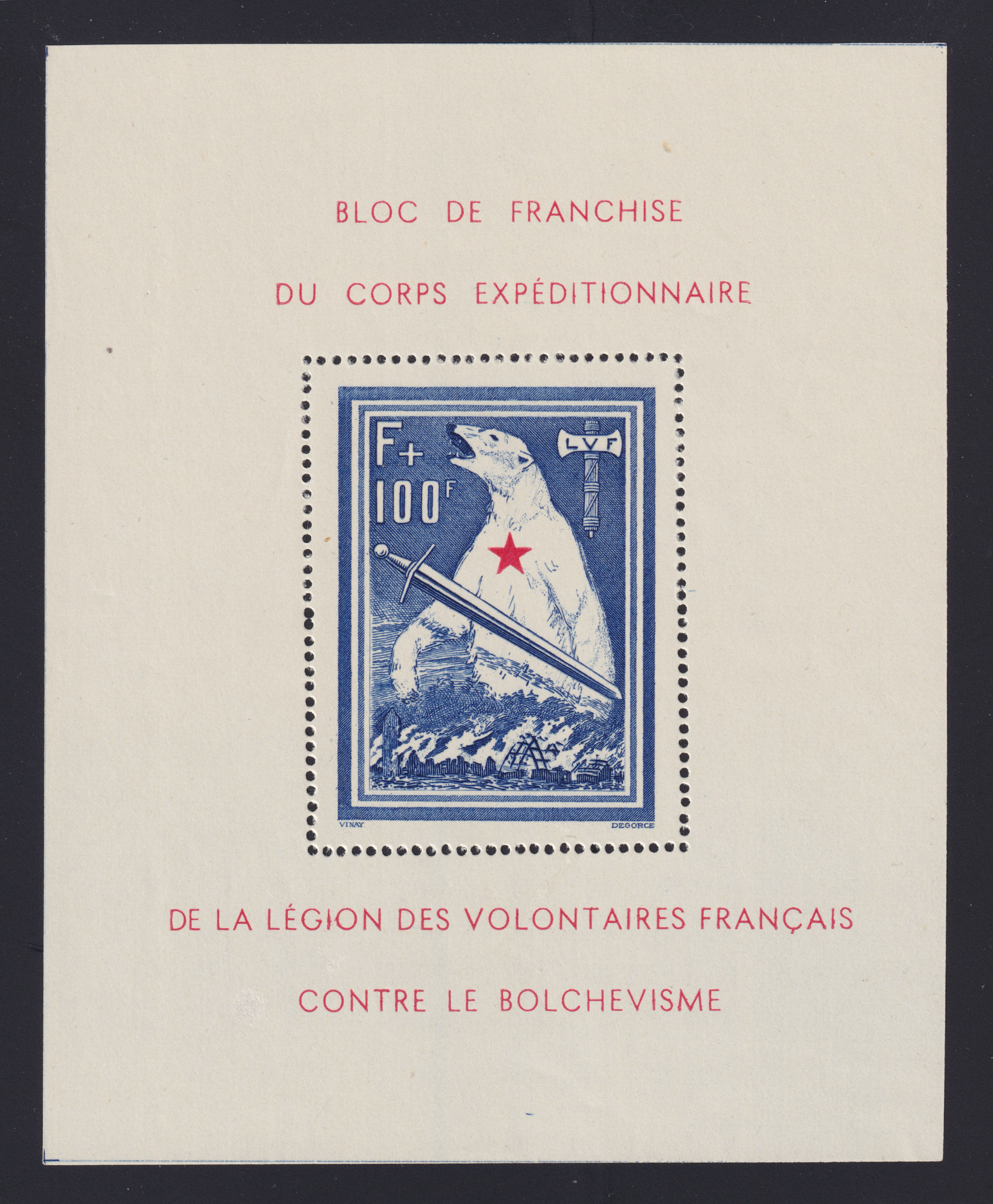 Bloc LVF N° 1, dit "Bloc de l'ours", neuf** signé Calves. Superbe