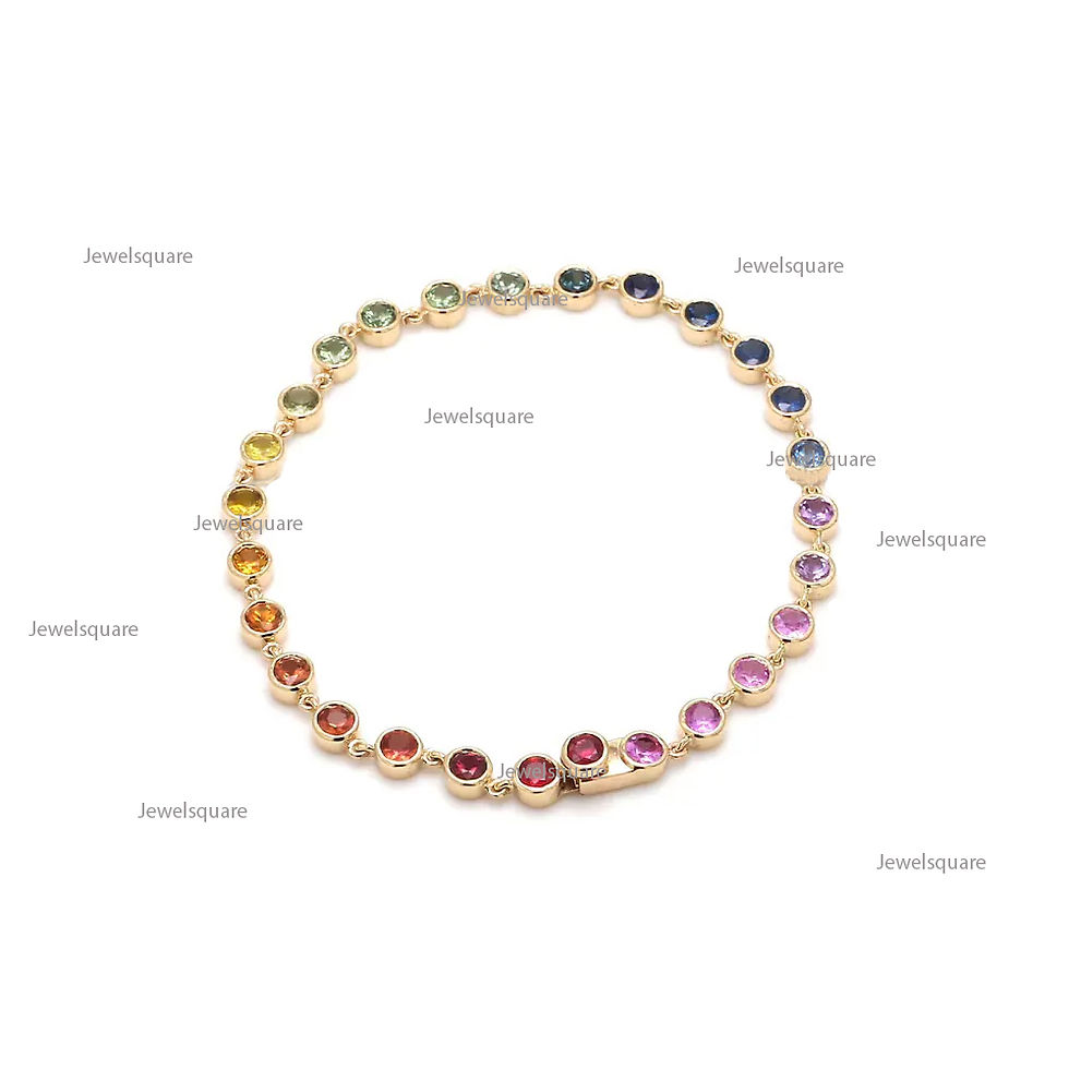 Thumbnail: Rainbow Sapphire Bezel Set Tennis Bracelet With Ruby in 14k Gold