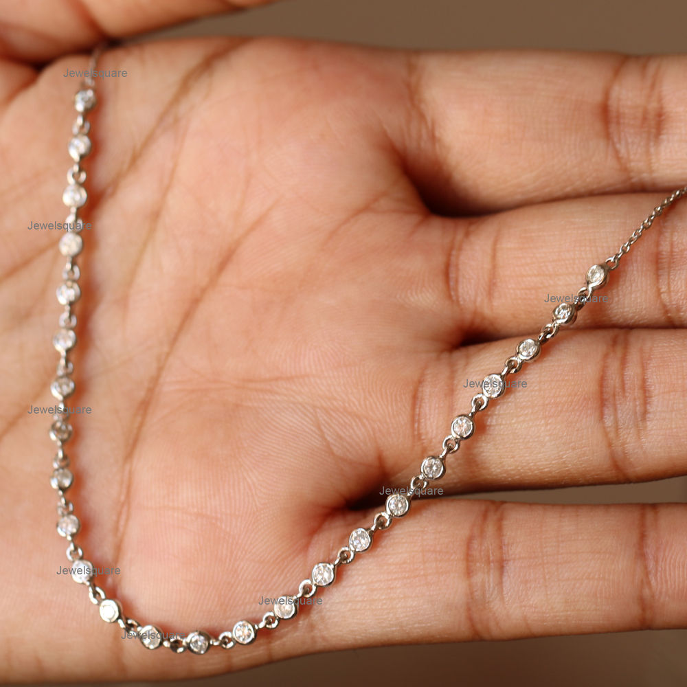 Natural Diamond Bezel Station Chain Necklace in Solid 14k Yellow Gold