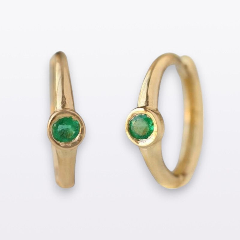 14k Solid Yellow Gold Solitaire Emerald Hoop Earrings, Mini Huggie Hoops