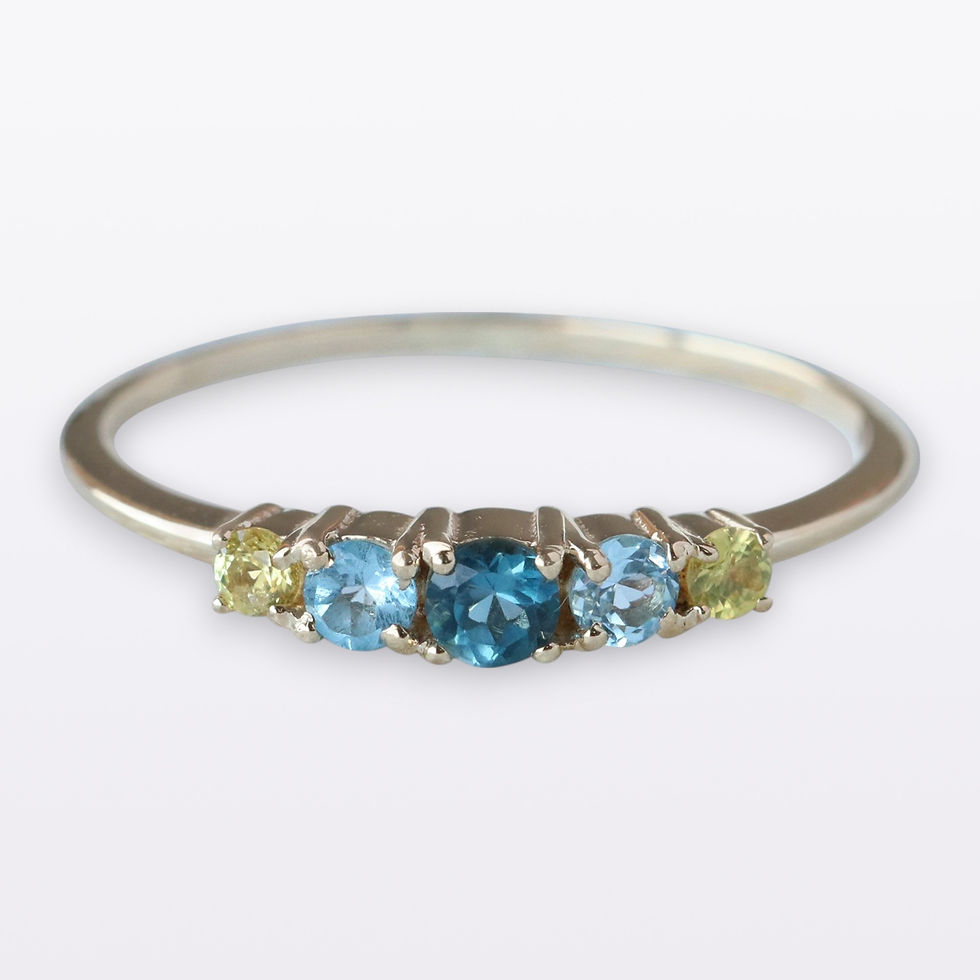 Thumbnail: 14k Solid Yellow Gold Delicate Ring, Real Blue Topaz 5 Stone & Peridot Ring