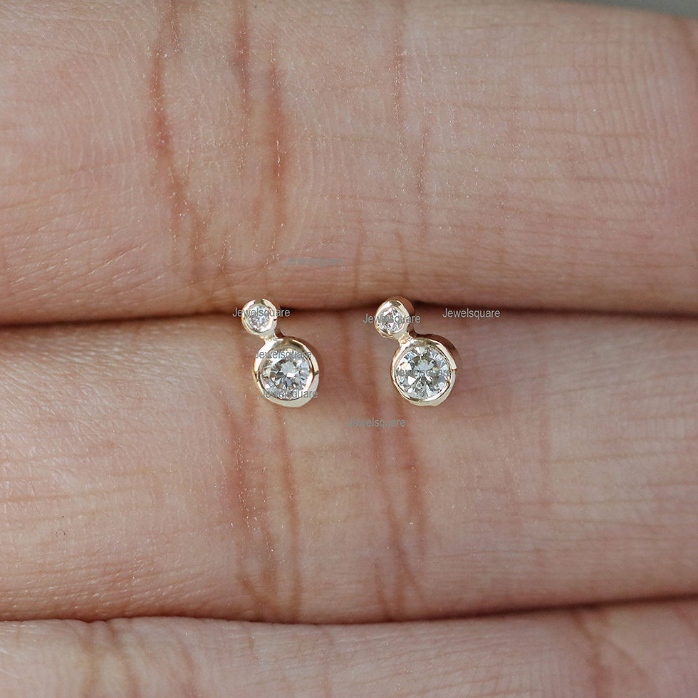 Thumbnail: Solitaire Natural Double Diamonds Bar Studs In 14k Yellow Gold Bezel Earring.