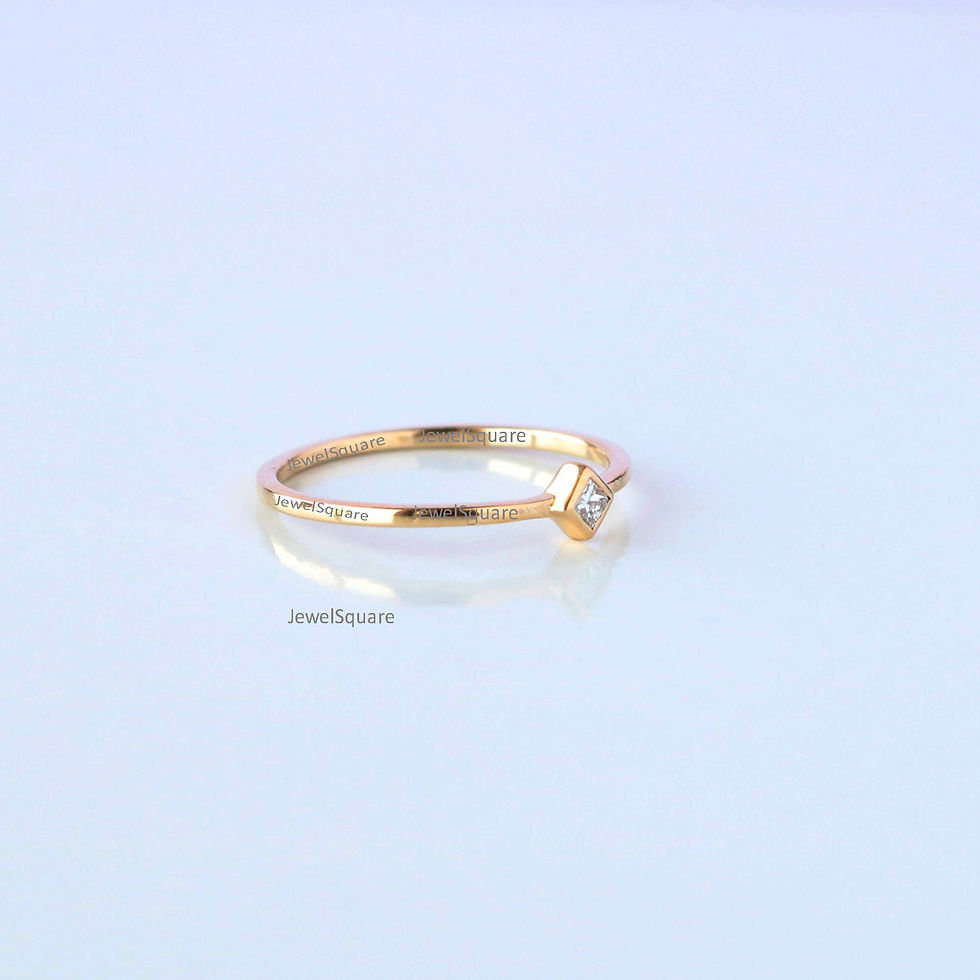 Thumbnail: Natural Princess Diamond Bezel Petite Band Ring 14k Yellow Gold Women Jewelry.