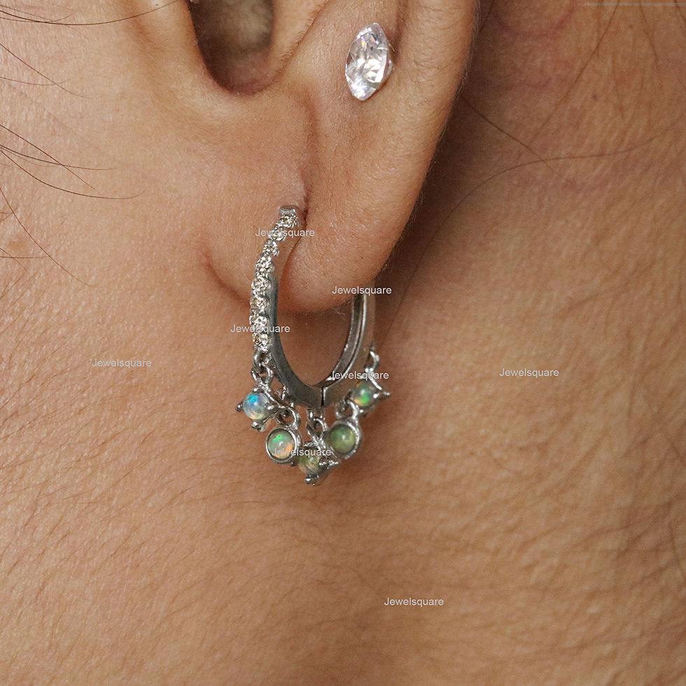Thumbnail: Square & Round Ethiopian Opal & Real Diamonds Drop Hoops Earring 14k White Gold
