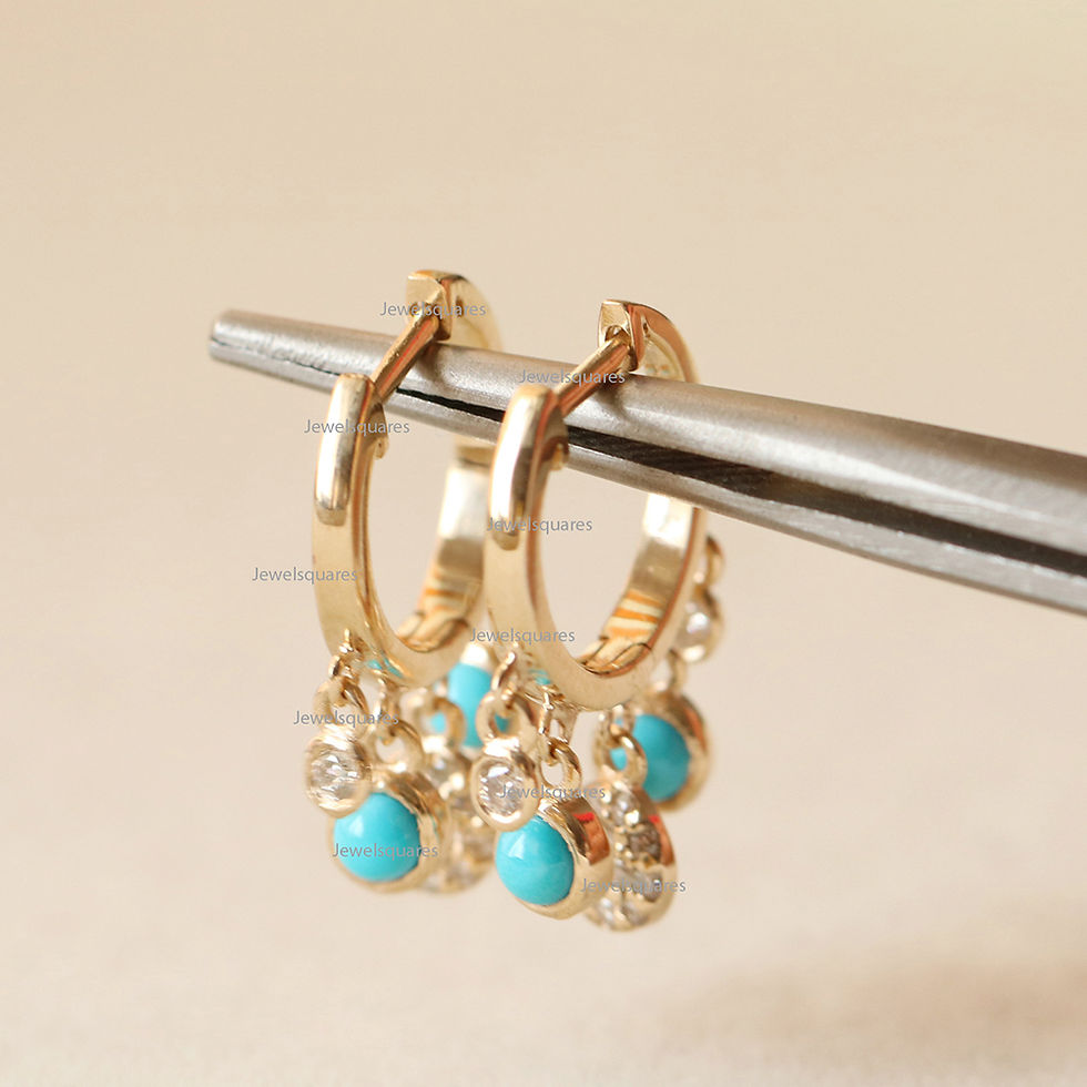Thumbnail: Arizona Turquoise & Real Diamonds Graduation Dainty Hoops Drop Earrings 14k Gold