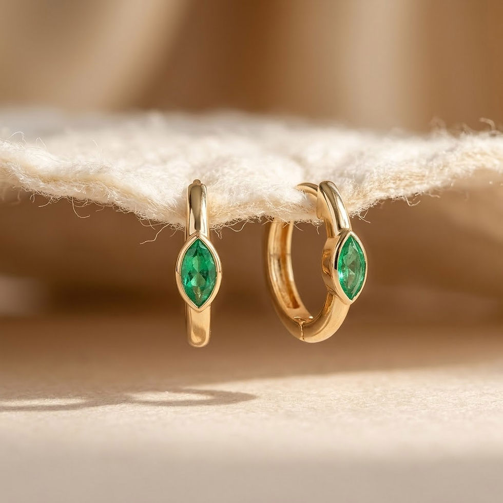 Thumbnail: Solitaire Marquise Zambian Emerald Huggie Hoops Earrings Solid 14k Yellow Gold