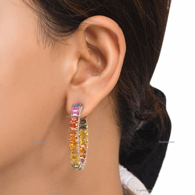 Thumbnail: Inside Outside Emerald Cut Multi Sapphire & Hidden Diamond Open Hoops 14k Gold