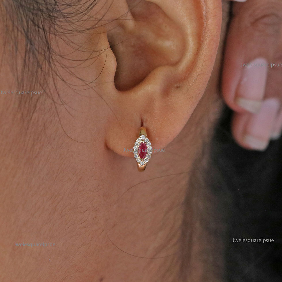 Thumbnail: Marquise Ruby & Diamond Hoop Earring Solid 14k Yellow Gold Jewelry.