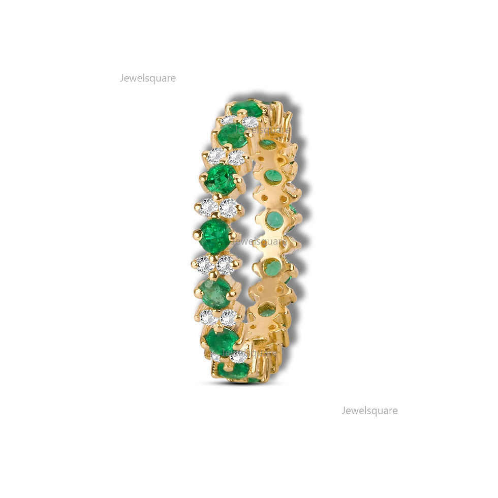 Thumbnail: Natural Emerald & Diamond Alternate Eternity Wedding Ring Stackable Band For Her