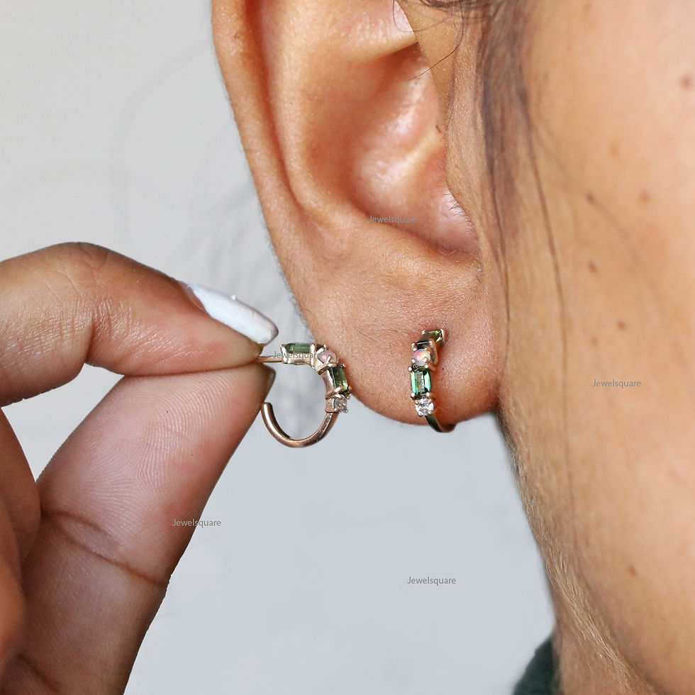 Thumbnail: Baguette Tourmaline, Opal & Diamond Open hoop Earrings in 14k Yellow Gold Fine