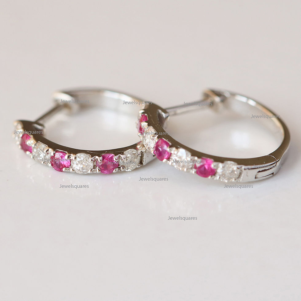 Thumbnail: Gemstone Ruby And Natural Diamonds Hoops, 14k Gold Alternate Petite Hoop Earring