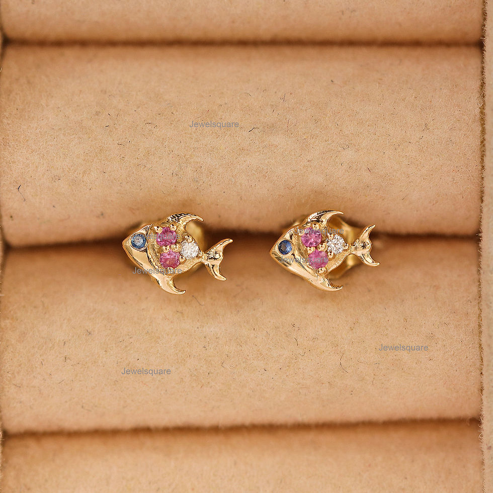 Thumbnail: 14k Yellow Gold Mini Fish Stud Earrings, Natural Sapphire & Diamond Tiny Studs