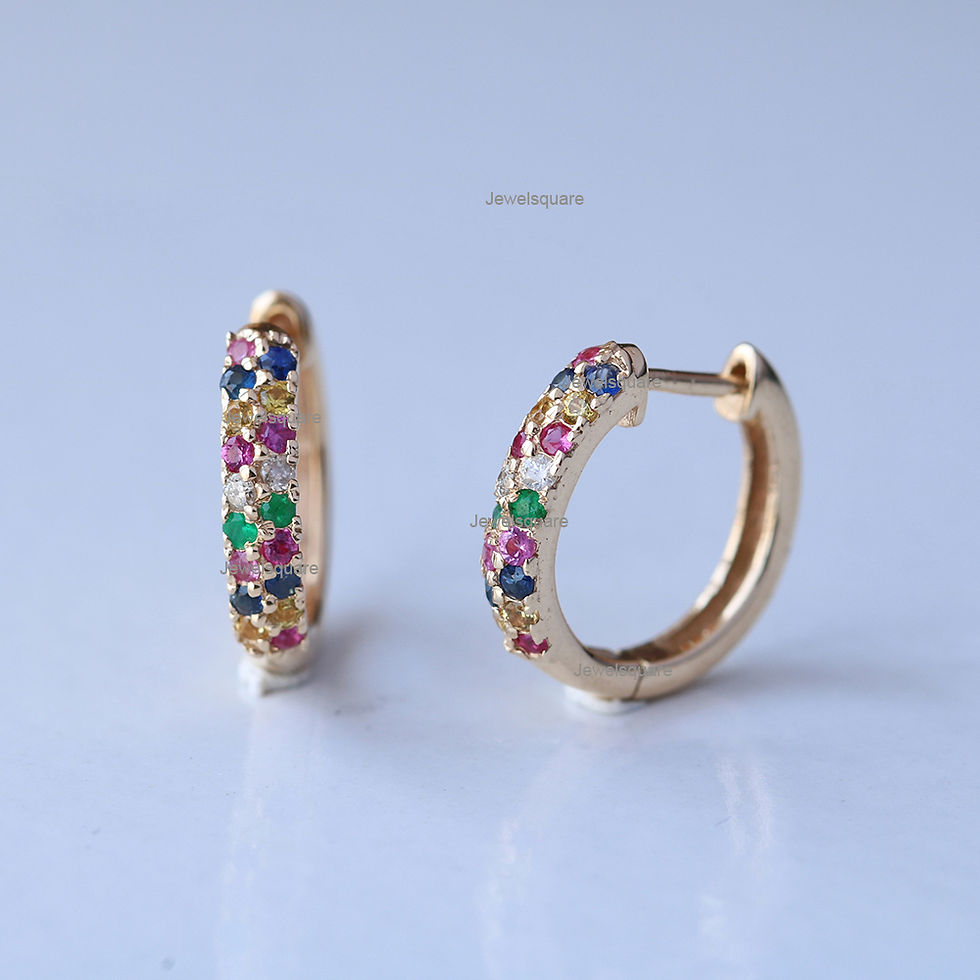 Thumbnail: Double Row Rainbow Sapphire Delicate Huggies Hoops in 14k Yellow Gold Earring.