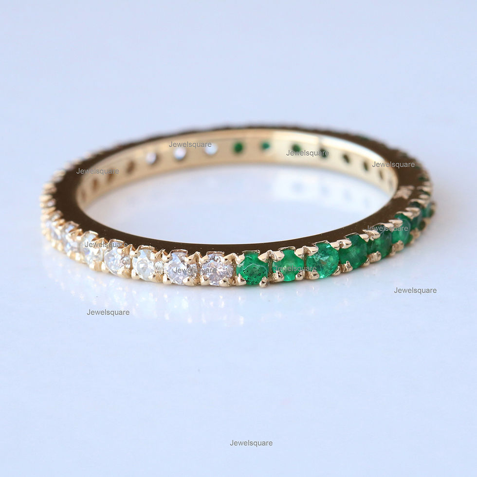 Thumbnail: Genuine Half Emerald & Natural Half Diamonds Eternity Band in 14k Yellow Gold