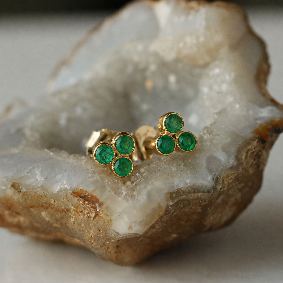 Thumbnail: Trio Emerald Bezel Set Studs Earrings, Solid 14k Yellow Gold Jewelry