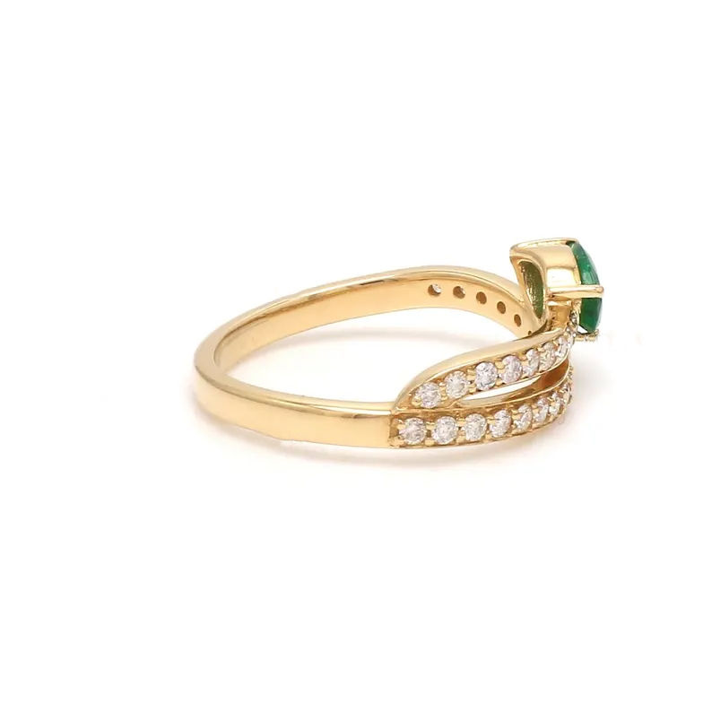 Thumbnail: Pear Emerald & Diamond Wavy Band Ring, Solid 14K Yellow Gold Accent Diamond Ring