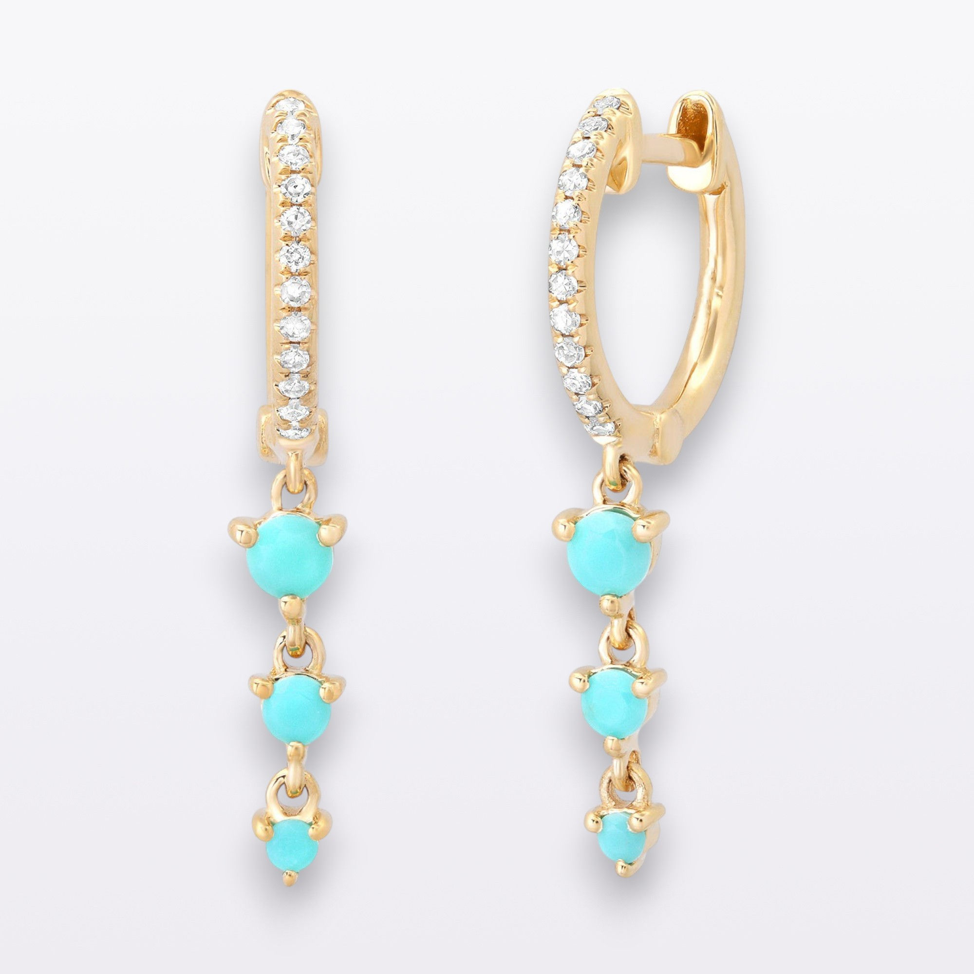 Trio Drops Turquoise & Natural Diamond Hoops Huggies Earrings 14k Solid Gold