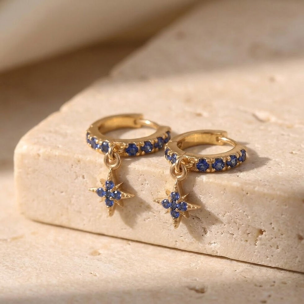 Thumbnail: Blue Sapphire Starburst Drop Huggie Hoop Earrings Solid 14k Yellow Gold Jewelry