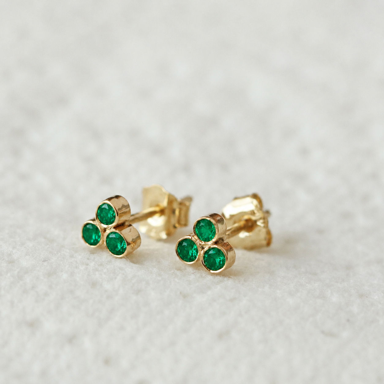 Trio Emerald Bezel Set Studs Earrings, Solid 14k Yellow Gold Jewelry