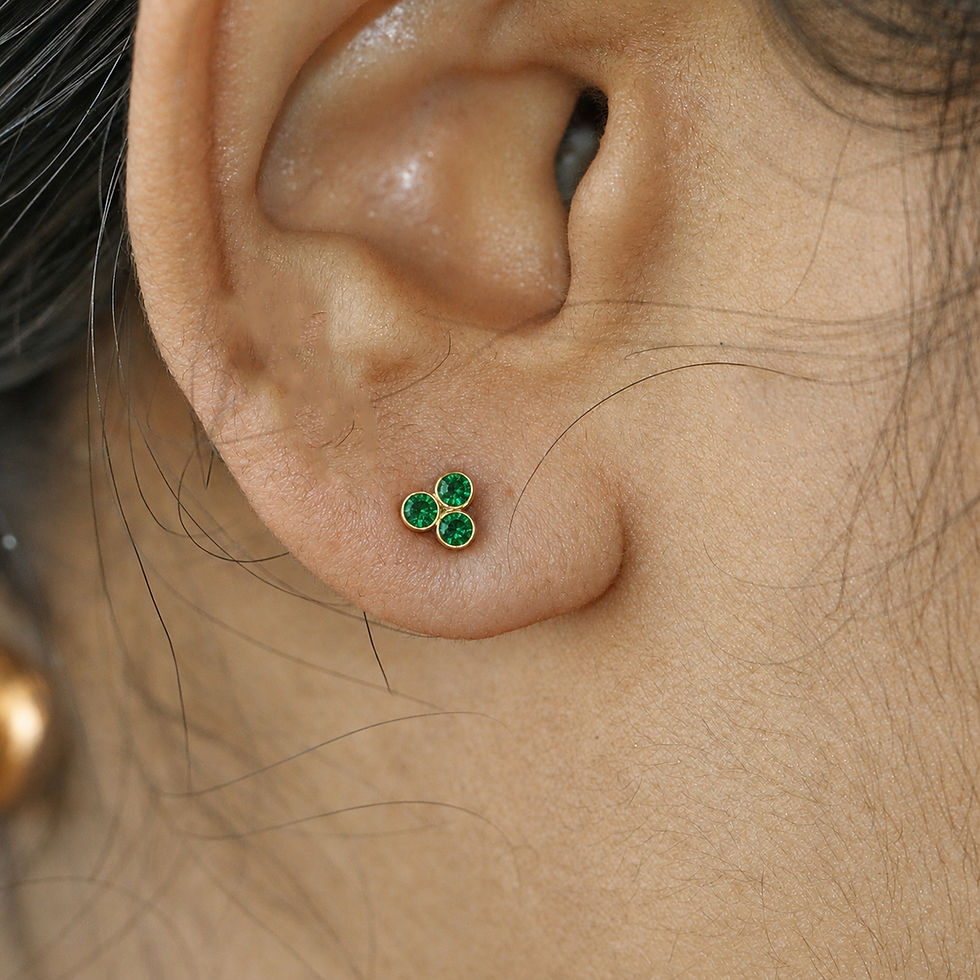 Thumbnail: Trio Emerald Bezel Set Studs Earrings, Solid 14k Yellow Gold Jewelry