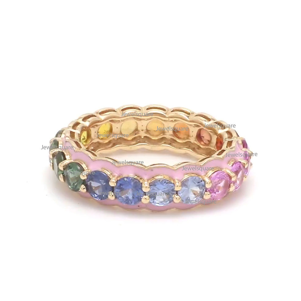 Thumbnail: Rainbow Sapphire & Pink Enamel Full Eternity Band Solid 14k Yellow Gold Band