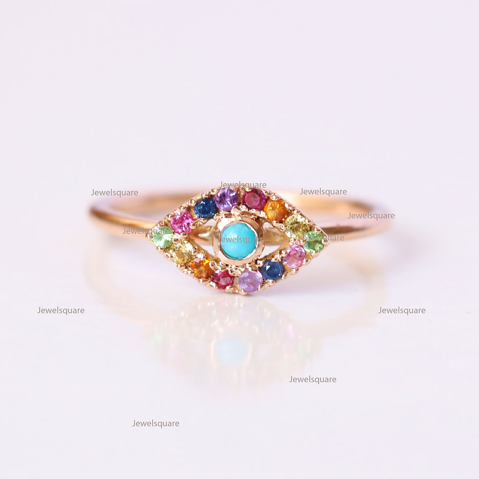 Thumbnail: Turquoise Multi Sapphire Evil Eye Ring 14k Solid Gold Yellow Fine Jewelry
