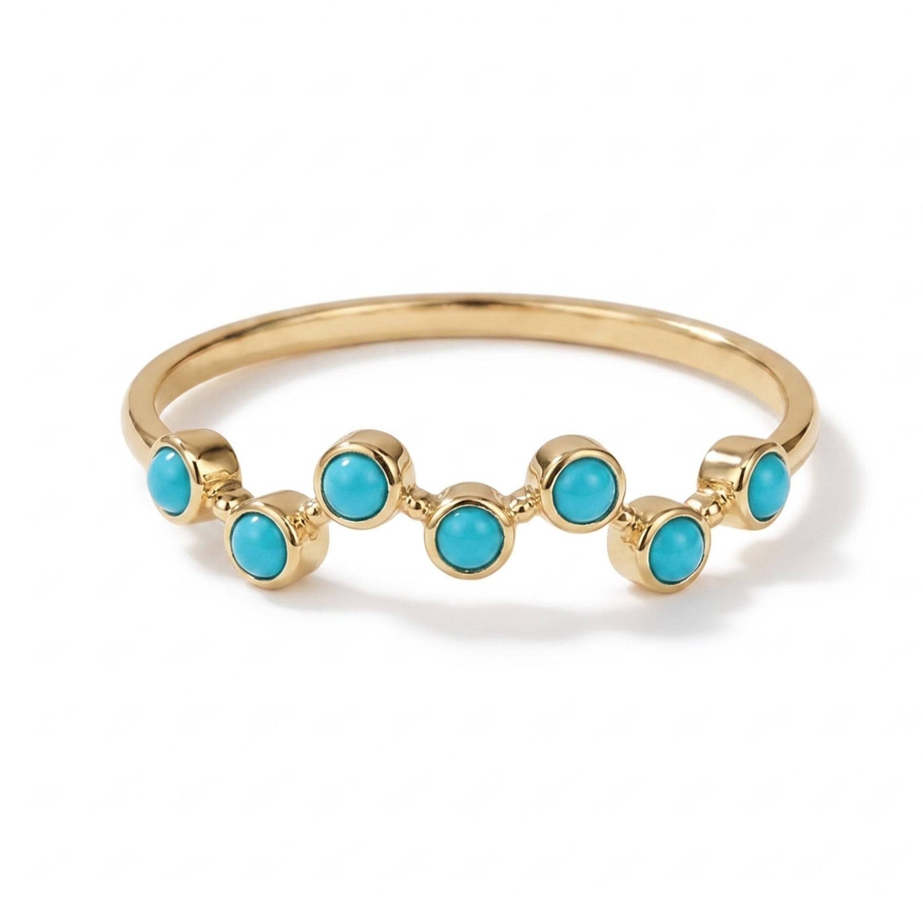 Turquoise Half Eternity Ring Solid 14K Yellow Gold Zig -Zag Wavy Band Ring