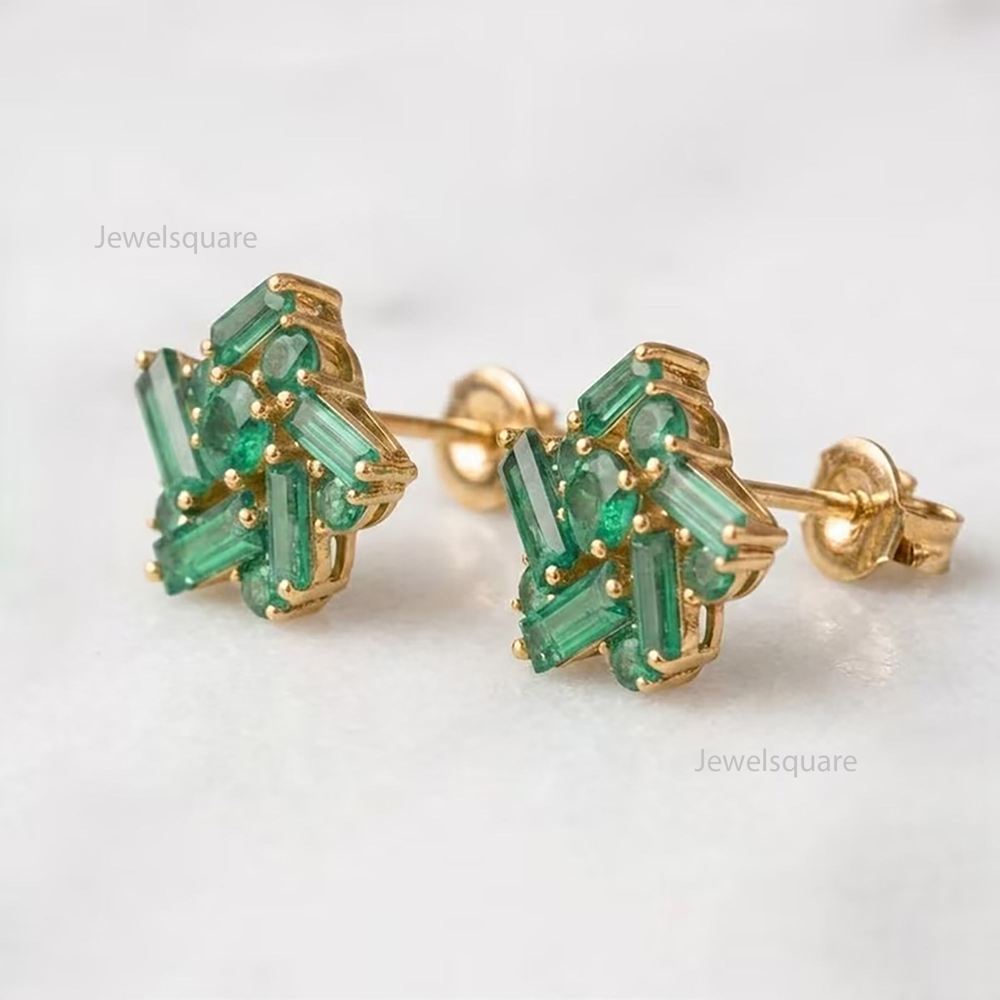 Baguette , Round Zambian Emerald Floral Studs Earrings, Solid 14KYellow Gold