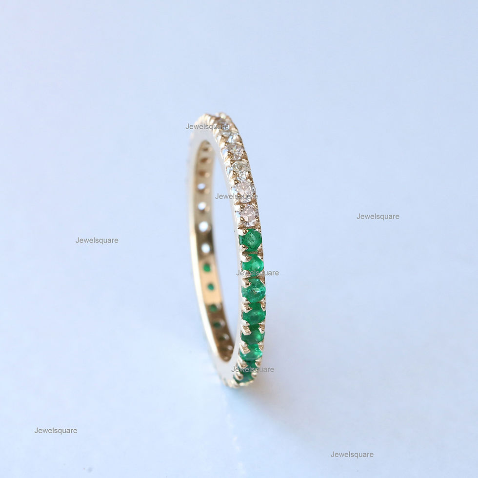 Thumbnail: Genuine Half Emerald & Natural Half Diamonds Eternity Band in 14k Yellow Gold