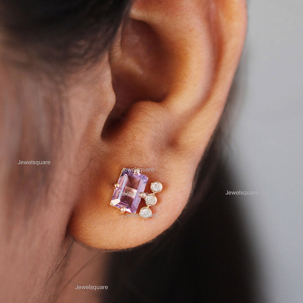 Thumbnail: Amethyst Baguette Diamond Stud 14k Yellow Gold Fine Jewelry