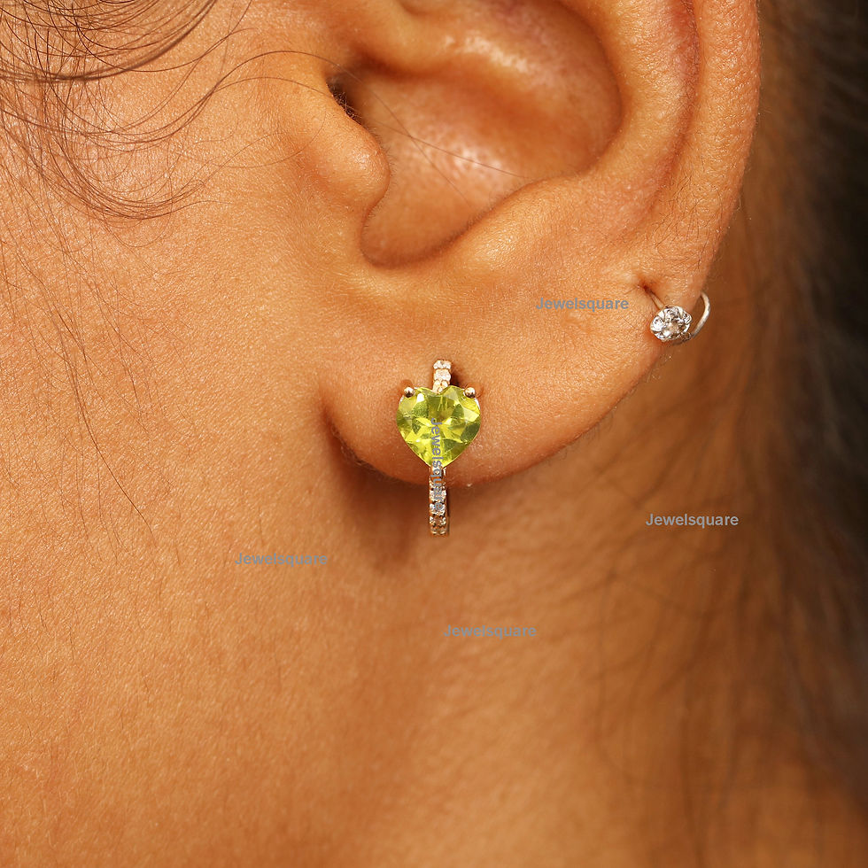 Thumbnail: Natural Heart Shape Peridot & Diamonds Hoop Earring in 14k Solid yellow Gold