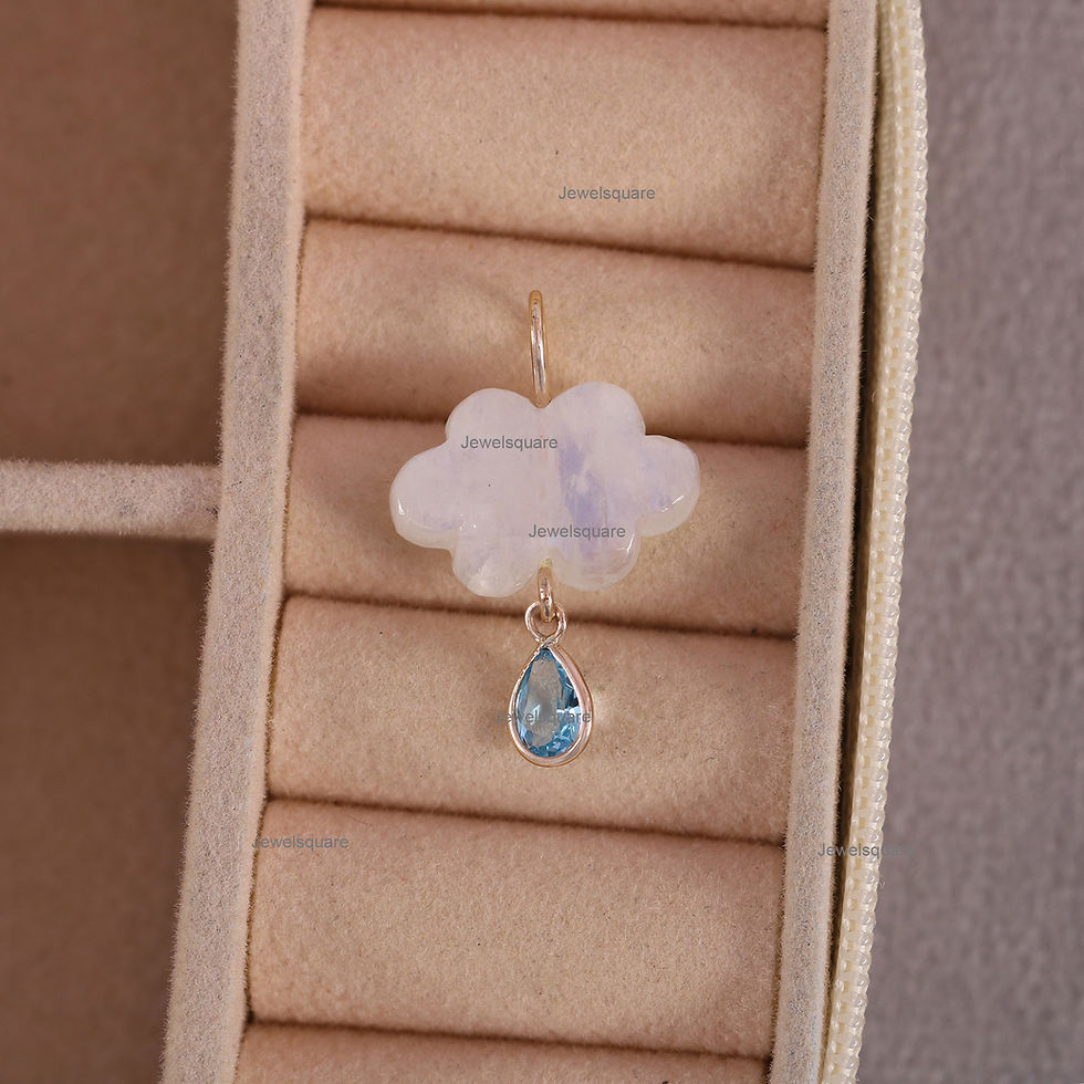 Thumbnail: Rainbow Cloud Moonstone & Pear Drop Blue Topaz Pendant, 14k Yellow Gold Charm