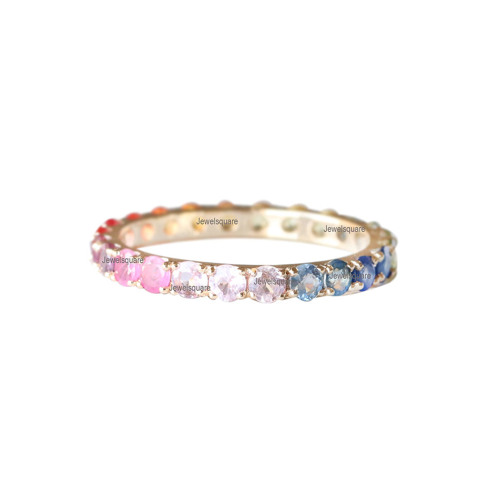Thumbnail: Solid 14k Yellow Gold Dainty Wedding Band Ombre Multi Stones Jewelry