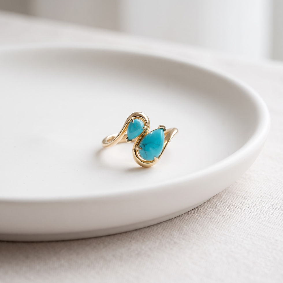Thumbnail: Double Pear Turquoise Toi et Moi Ring,Solid 14KYellow Gold Bypass Ring