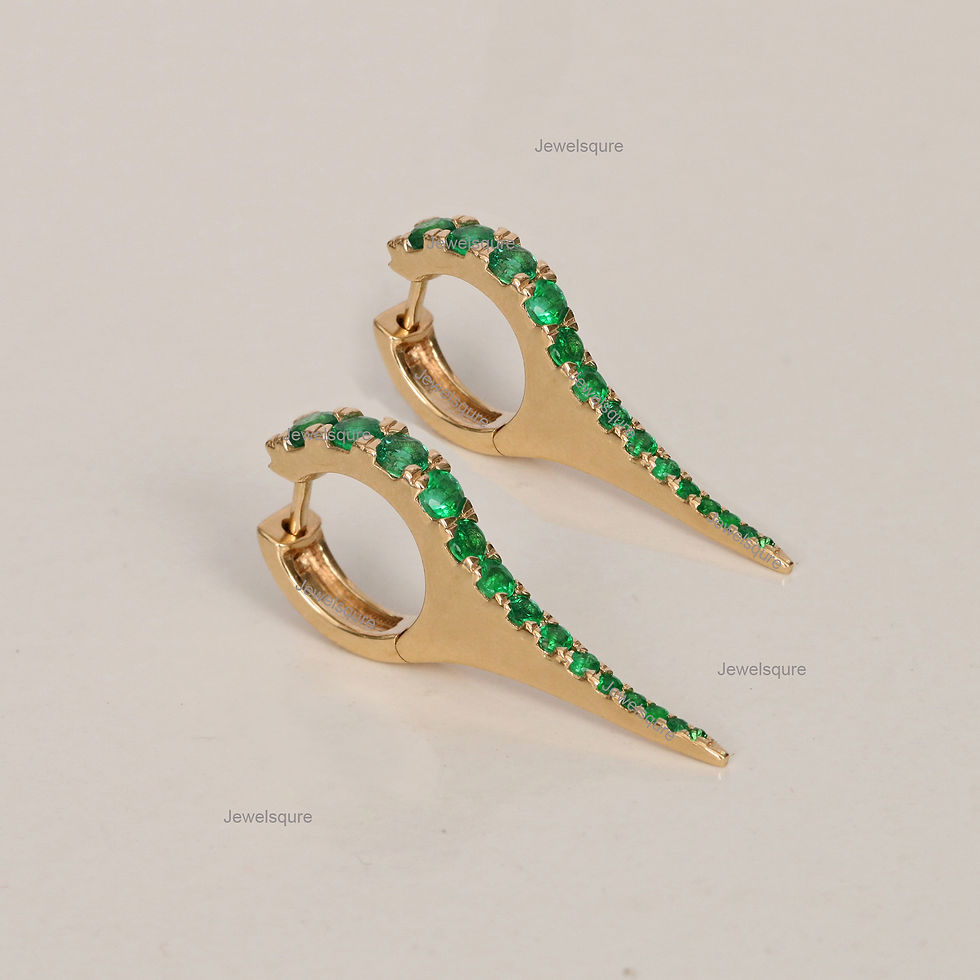 Thumbnail: Natural Emerald Long Spike Hoop Earrings 14k Solid Gold Graduation Spike Huggies
