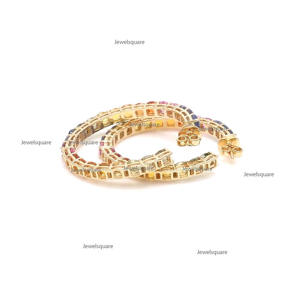 Thumbnail: Inside Outside Big Shape Rainbow Sapphire Open Half Hoop Earrings 14k Gold